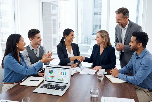 meeting, conference, business, office, team, collaboration, agreement, handshake, partnership, corporate, professional, discussion, presentation, chart, graph, laptop, documents, strategy, negotiation, success, leadership, workplace, formal, ai generated. How to brief a PR agency: UK template for brands