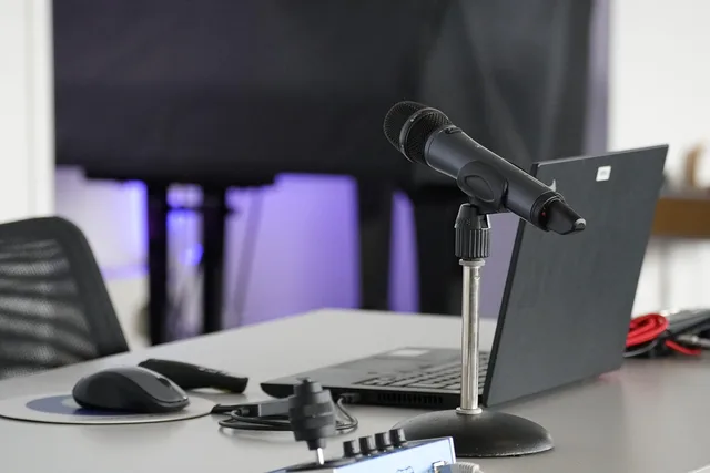 laptop, conference table, mouse, work, business, online, remote, microphone, podcast, podcast, podcast, podcast, podcast, podcast. PR media contact tools: how agencies can test Vuelio, CisionOne and ResponseSource