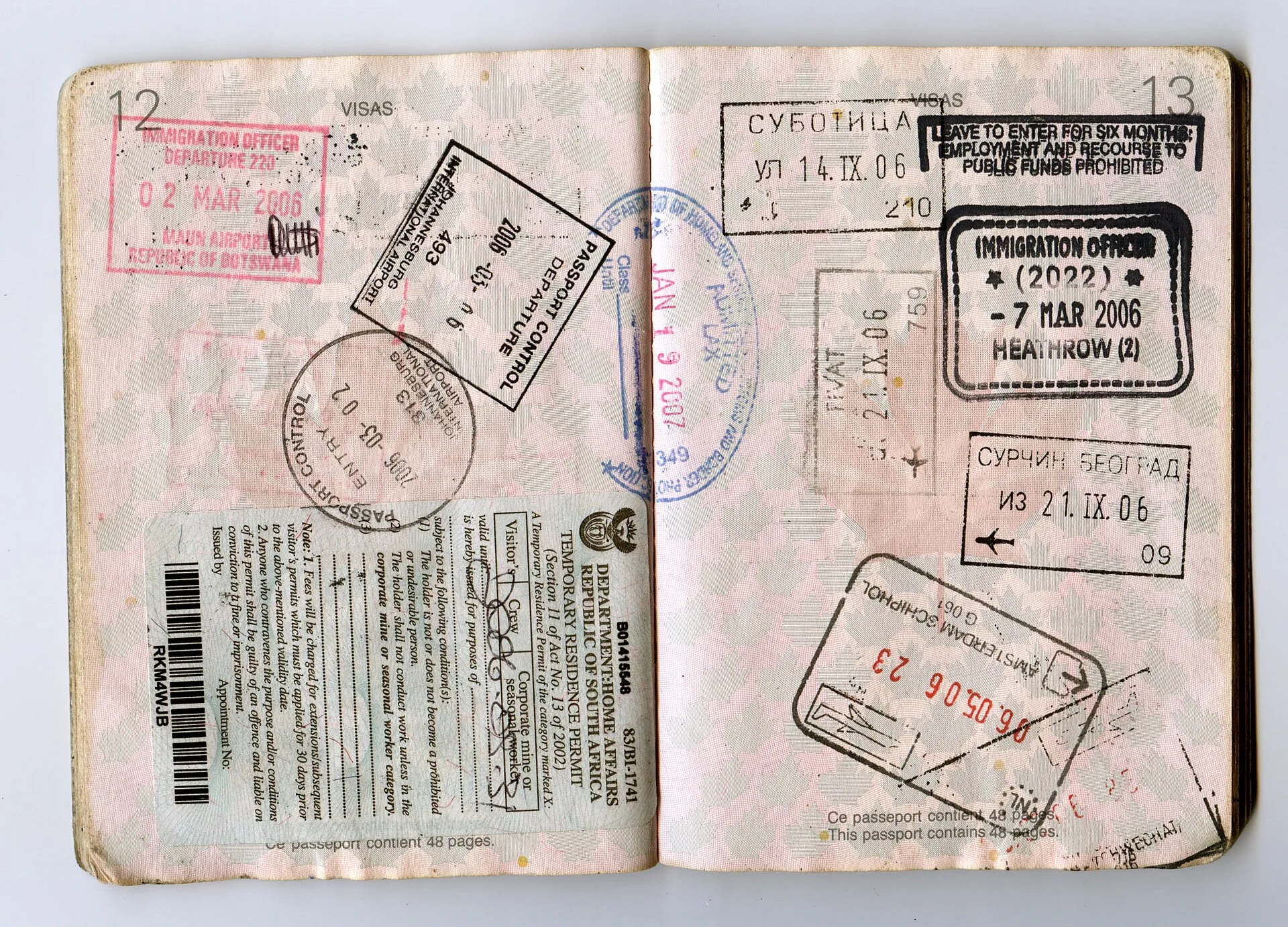 Passport stamps from South Africa, Netherlands, Serbia, Montenegro, Botswana, the UK and the US